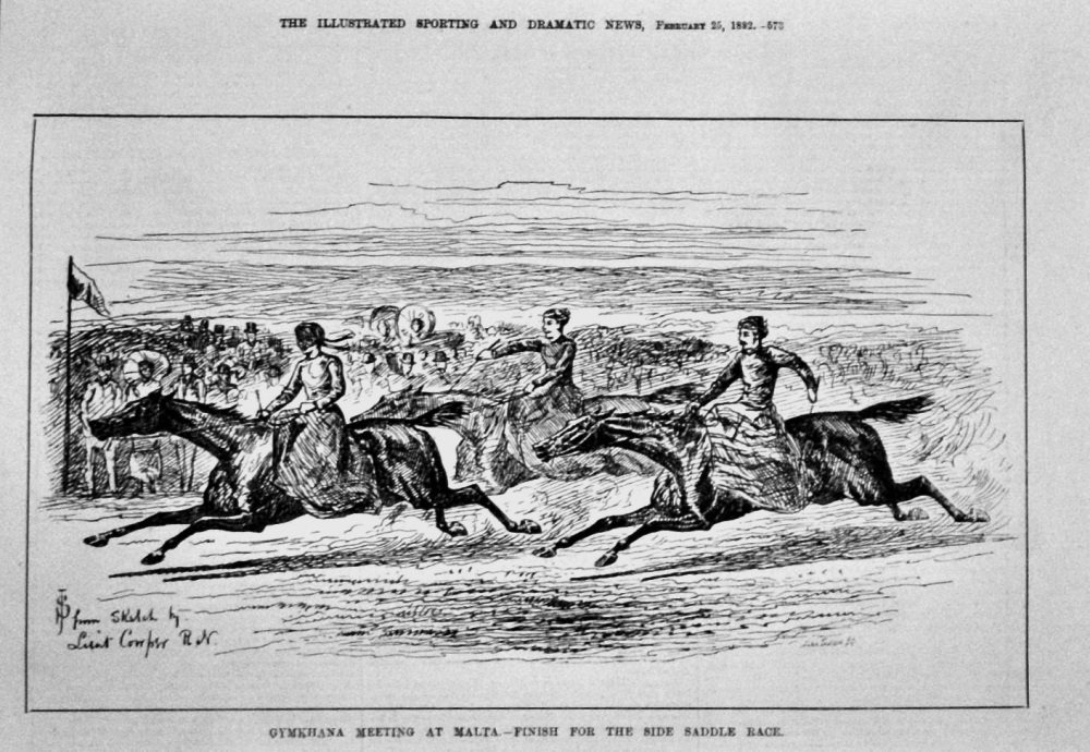 Gymkhana Meeting at Malta.- Finish for the Side Saddle Race.  1882.