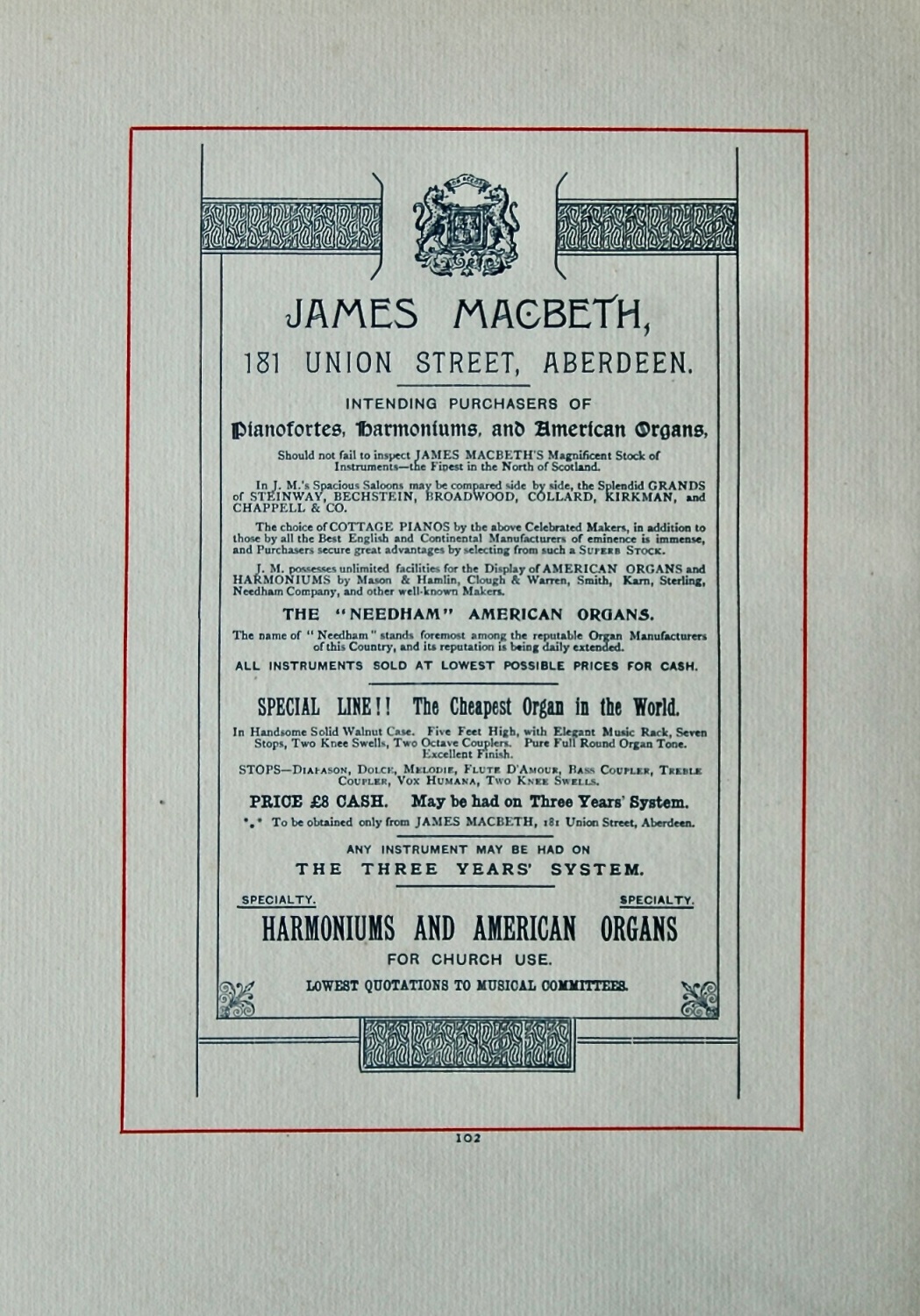 James Macbeth, 181 Union Street, Aberdeen.  Intending Purchasers of Pianofo