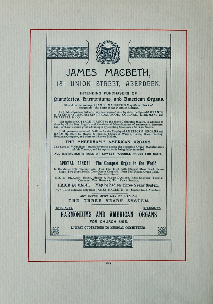 James Macbeth, 181 Union Street, Aberdeen.  Intending Purchasers of Pianofortes, Harmoniums, and American Organs.  1894.