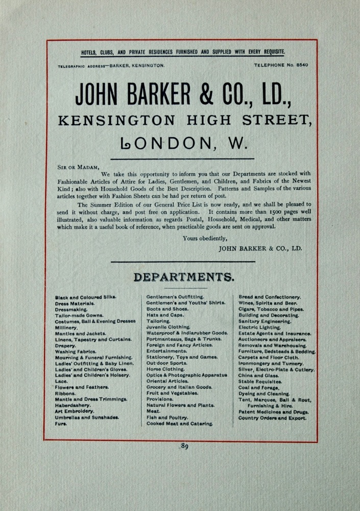 John Barker & Co., Limited. Kensington High Street, London W. 1894.