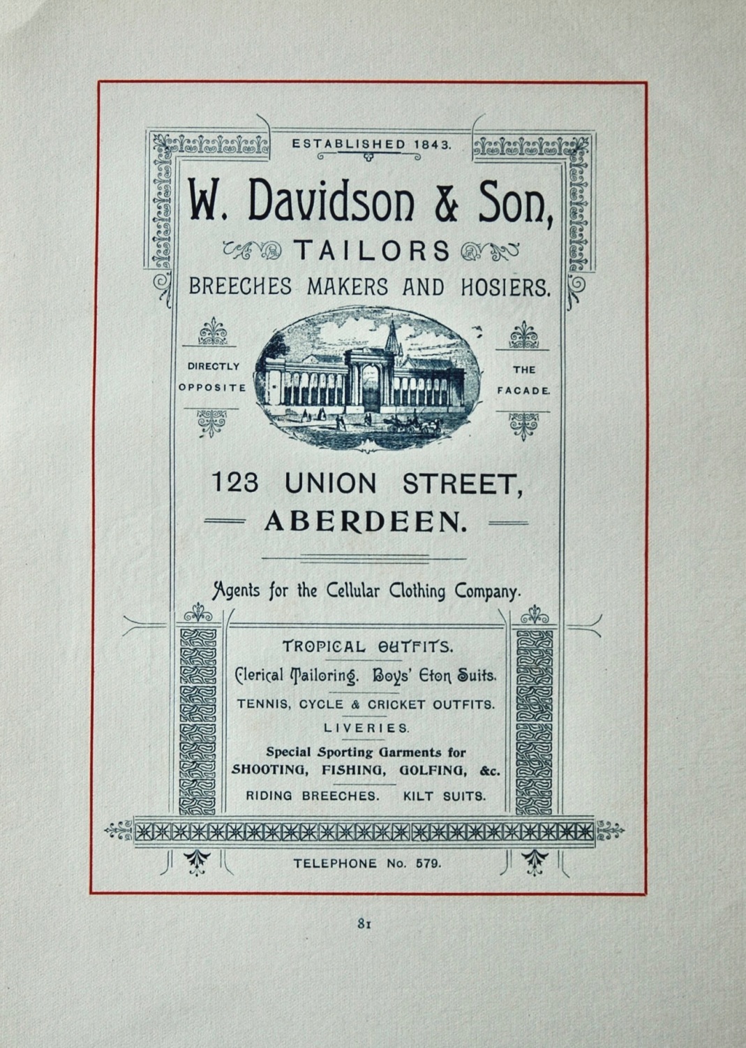 W. Davidson & Son, Tailors, Breeches Makers and Hosiers. 123 Union Street, 