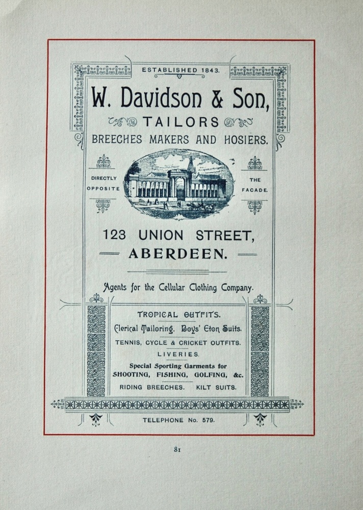 W. Davidson & Son, Tailors, Breeches Makers and Hosiers. 123 Union Street, Aberdeen.  1894.
