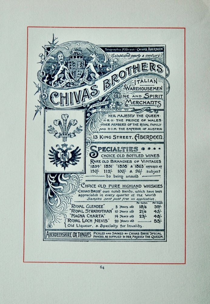 Chivas Brothers, Italian Warehousemen Wine and Spirit Merchants. 13 King Street, Aberdeen.  1894.