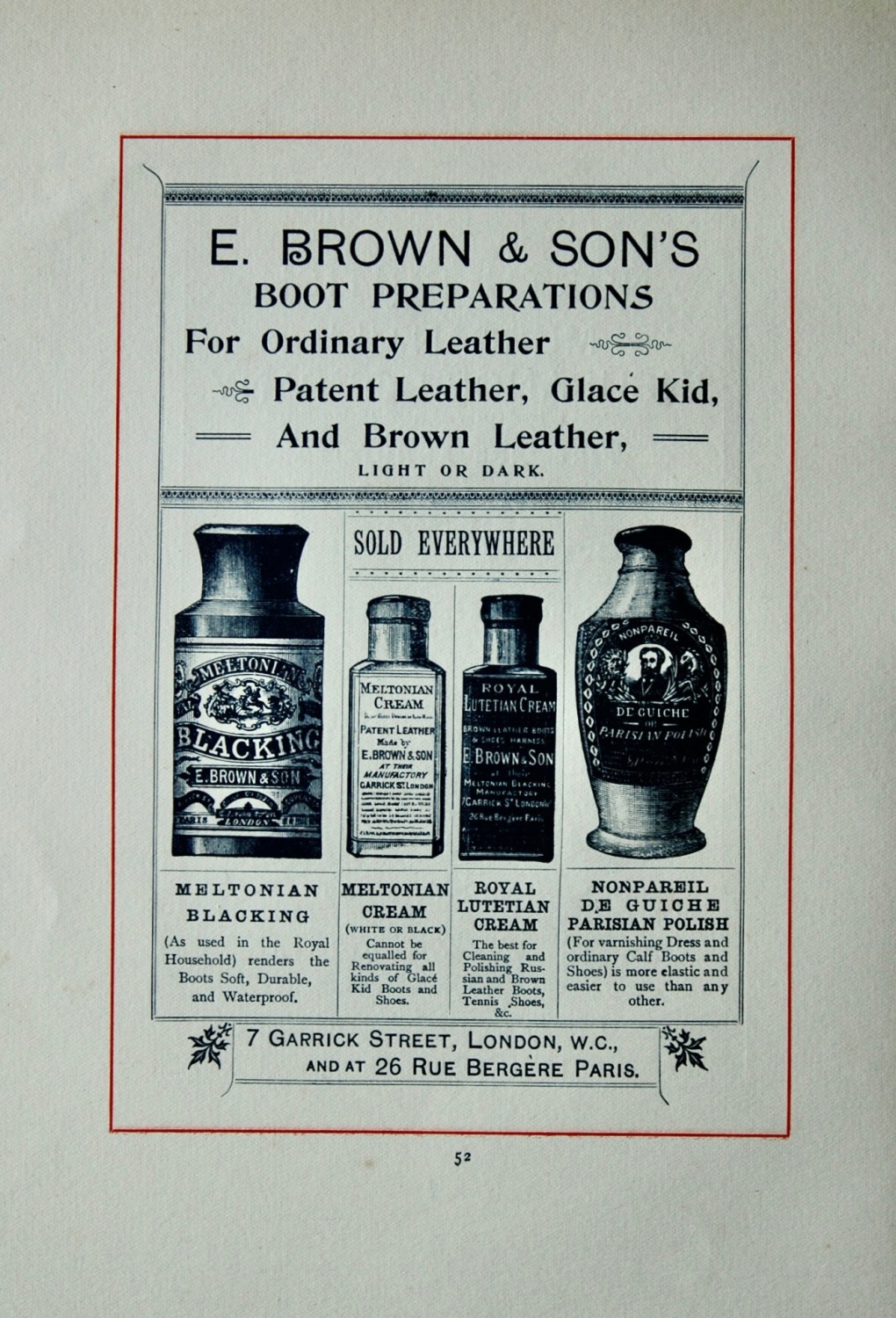 E. Brown & Son's.  7 Garrick Street, London, W.C., and at 26 Rue Bergere Pa
