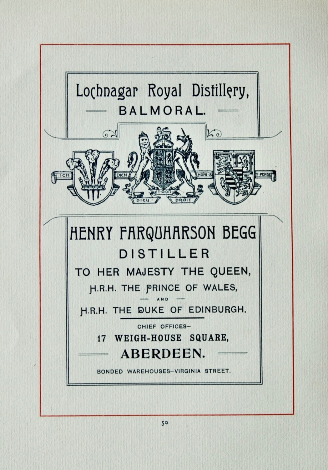 Henry Farquharson Begg, Distiller. (Lochnagar Royal Distillery,)  Balmoral.