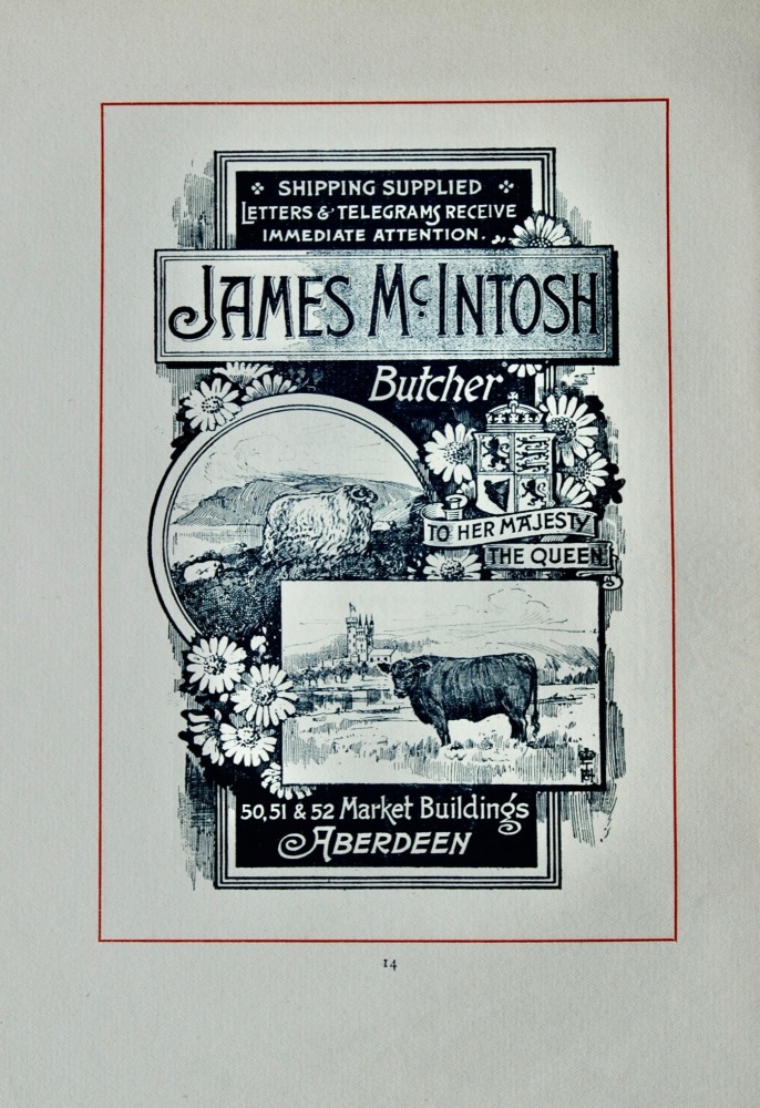 "James McIntosh," Butcher.  50,51 & 52 Market Buildings, Aberdeen. 1894.