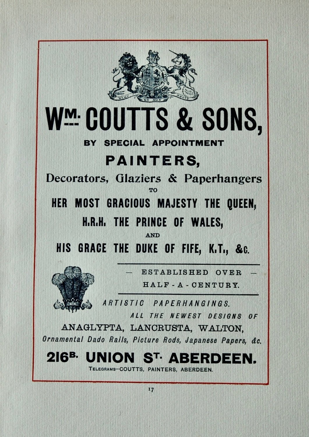 William Coutts & Sons, Painters, Decorators, Glaziers & Paperhangers. 216b.