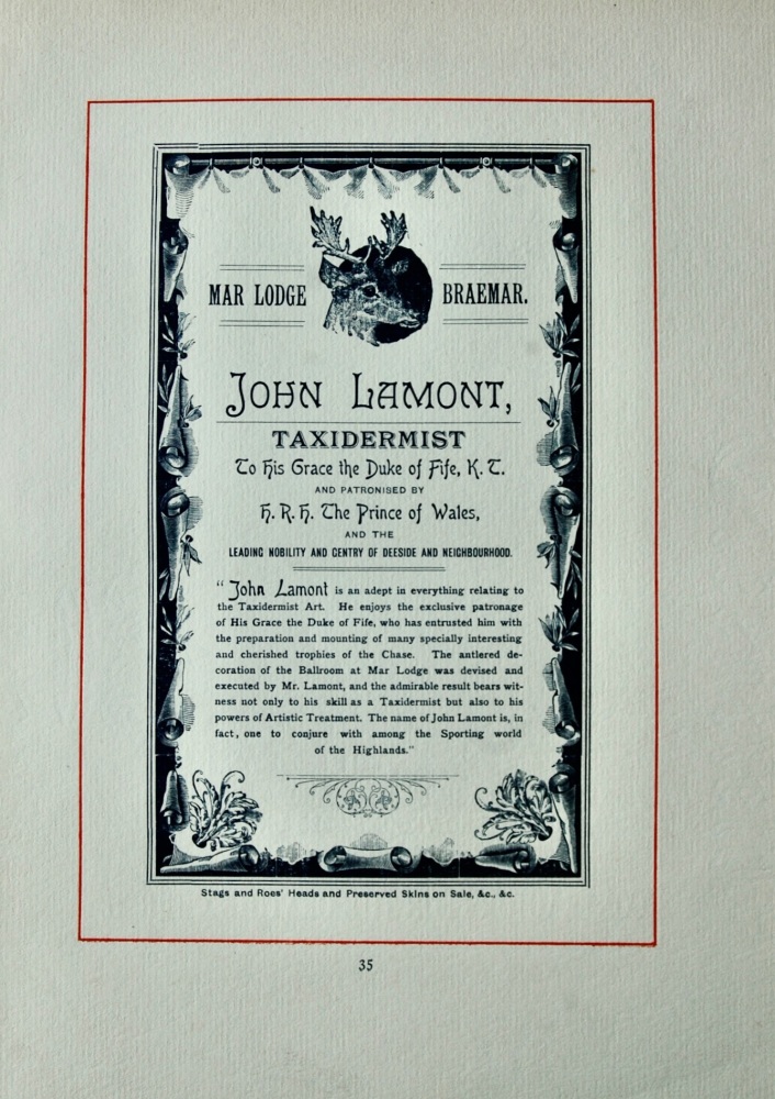 John Lamont, Taxidermist.  Mar Lodge, Braemar.  1894.
