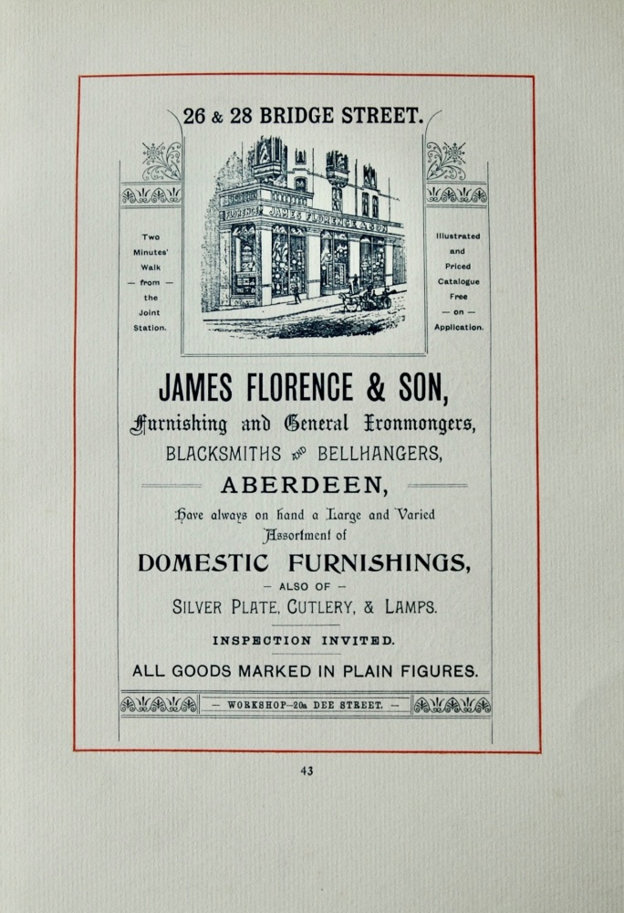 James Florence & Son.  Furnishing and General Ironmongers. 26 & 28 Bridge Street, Aberdeen.  1894.