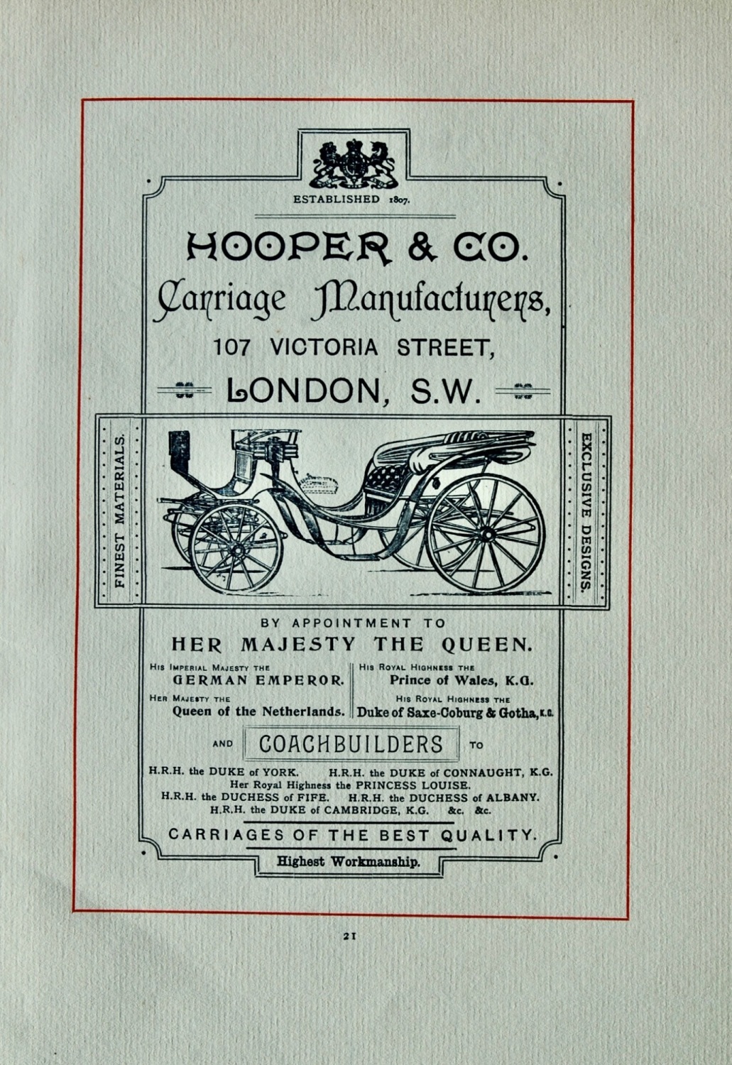 Hooper & Co.  Carriage Manufacturers, 107 Victoria Street, London, S.W.  18