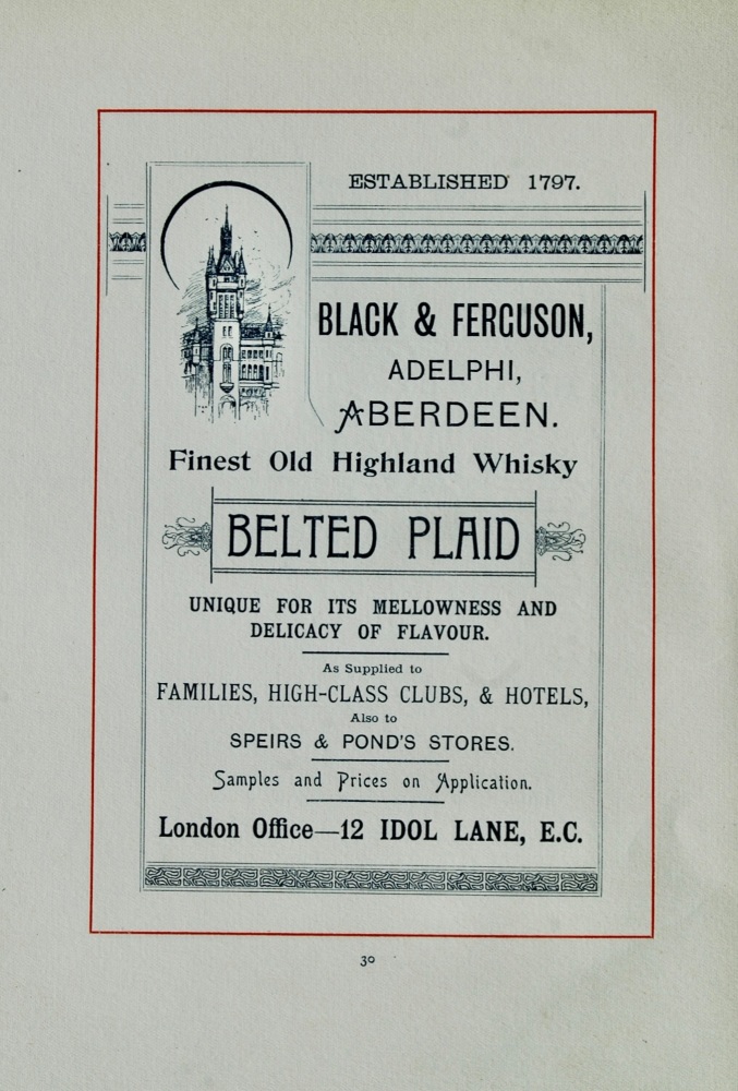 Black & Ferguson, Adelphi, Aberdeen,  Finest Old Highland Whisky "Belted Plaid." 1894.