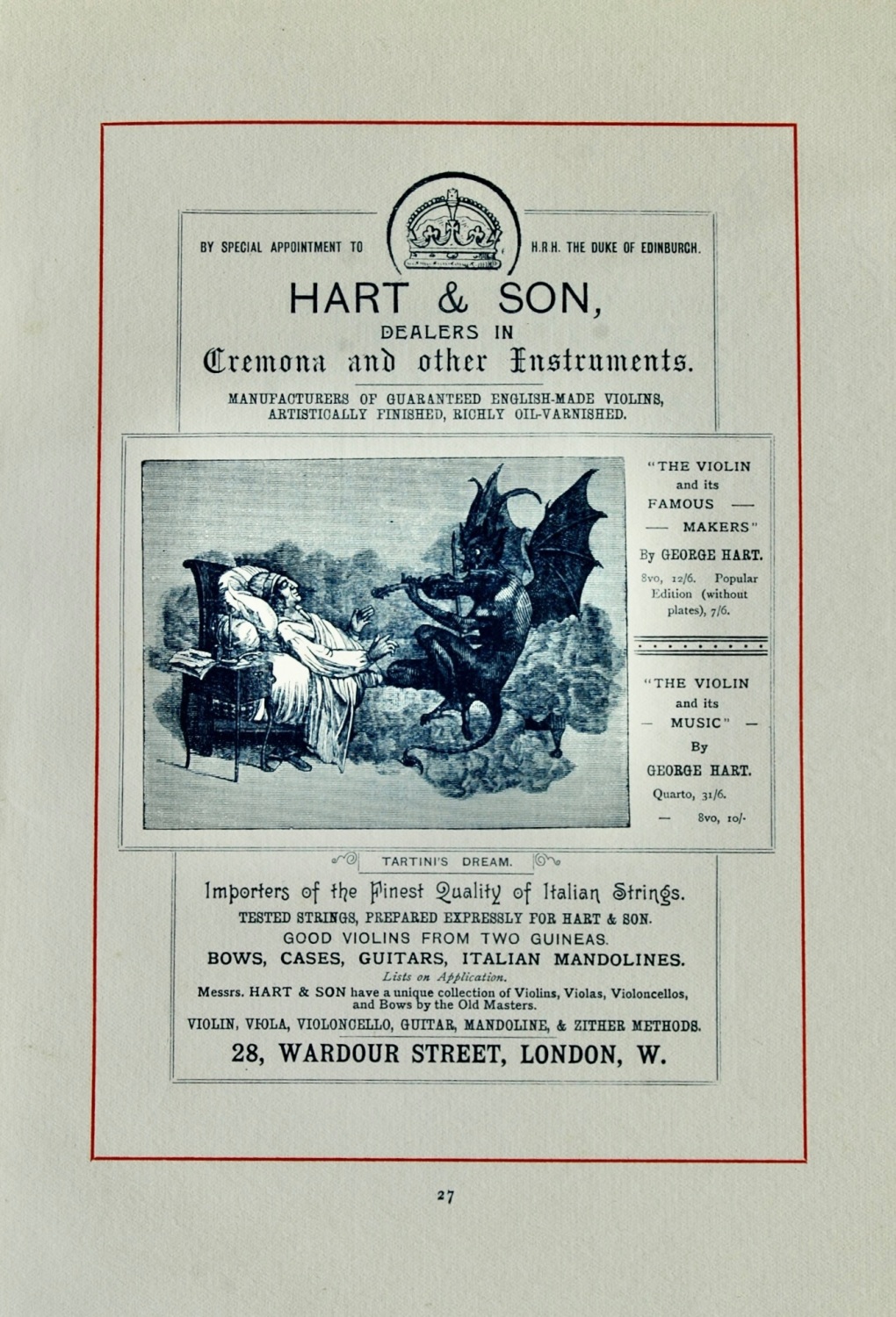 Hart & Son.  (Dealers in Musical Instruments) 28 Wardour Street, London, W.