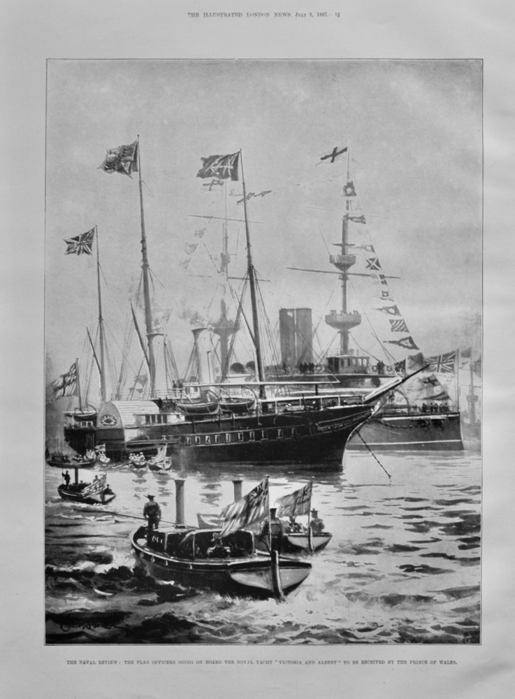 The Naval Review :  The Flag Officers going on Board the Royal Yacht "Victoria and Albert" to be received by the Prince of Wales.  1897.