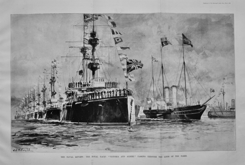 The Naval Review :  The Royal Yacht "Victoria and Albert" Passing through the Lines of the Fleet.  1887.