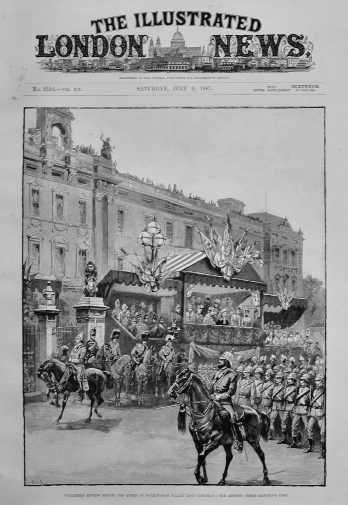 Volunteer Review before the Queen at Buckingham Palace Last Saturday : The Artists' Corps Marching Past.  1887.