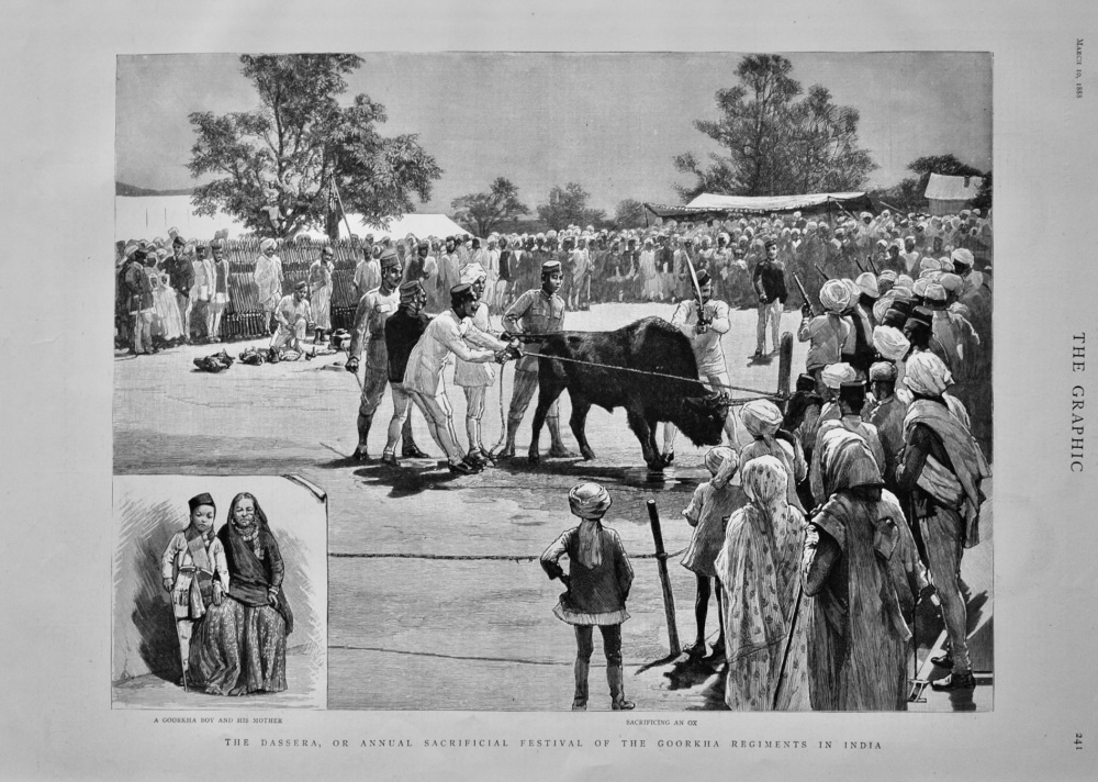 The Dassera, or Annual Sacrificial Festival of the Goorkha Regiments in India.  1888.