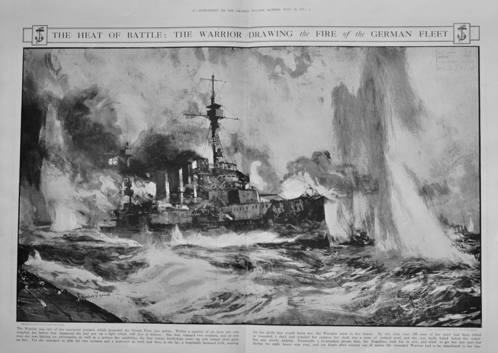 The Heat of Battle :  The Warrior Drawing the Fire of the German Fleet.  1916.