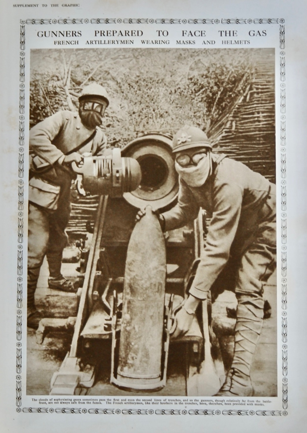 Gunners prepared to face the Gas  :  French Artillerymen Wearing Masks and 