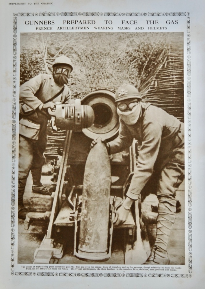 Gunners prepared to face the Gas  :  French Artillerymen Wearing Masks and Helmets.  1916.