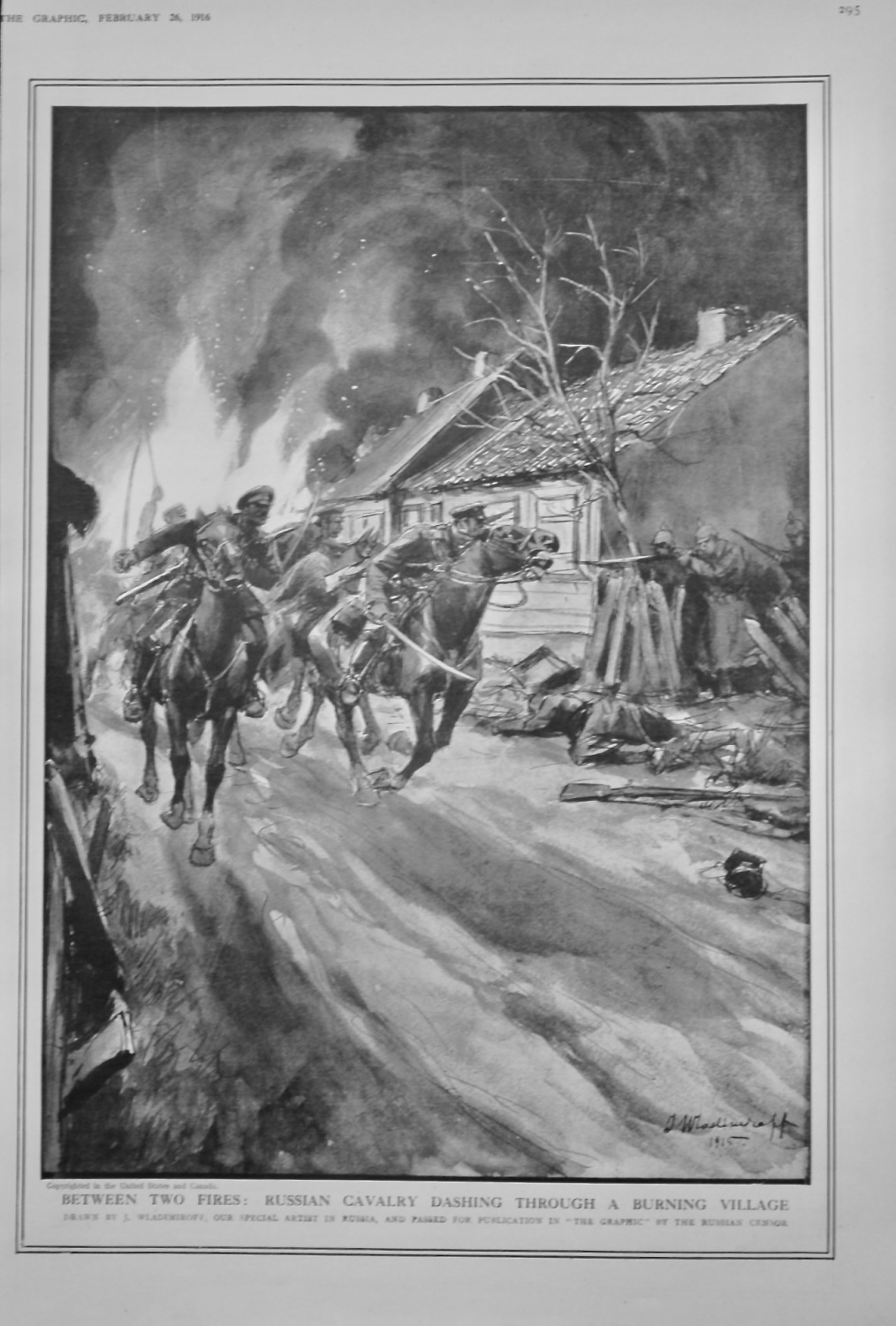 Between Two Fires :  Russian Cavalry dashing through a Burning Village.  19
