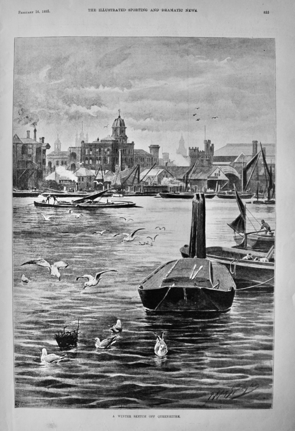 A Winter sketch off Queenhithe.  1895.  (River Thames).
