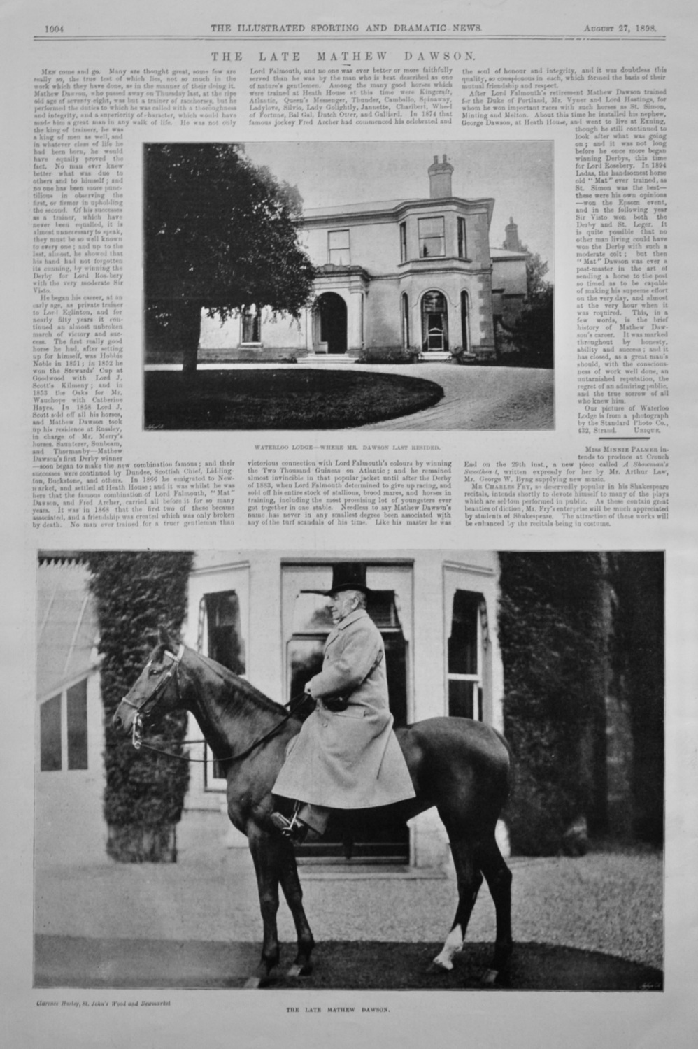 The Late Mathew Dawson. (Horseracing)  1898.