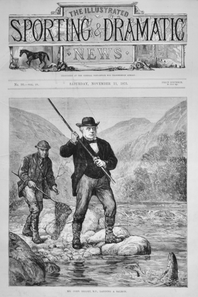 Mr. John Bright, M.P., Landing a Salmon.  1875.