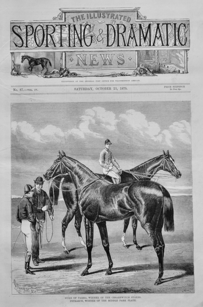 Duke of Parma, Winner of the Cesarewitch Stakes.  Petrarch, Winner of the Middle Park Plate.  1875.