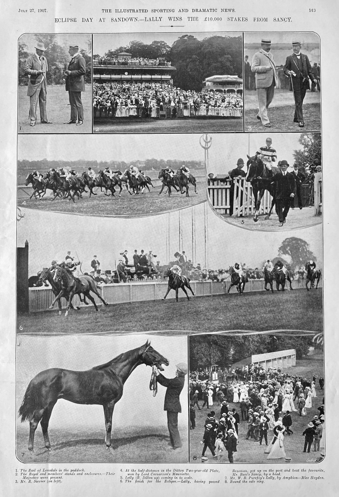 Eclipse Day at Sandown.- Lally wins the £10.000 Stakes from Sancy.  1907.