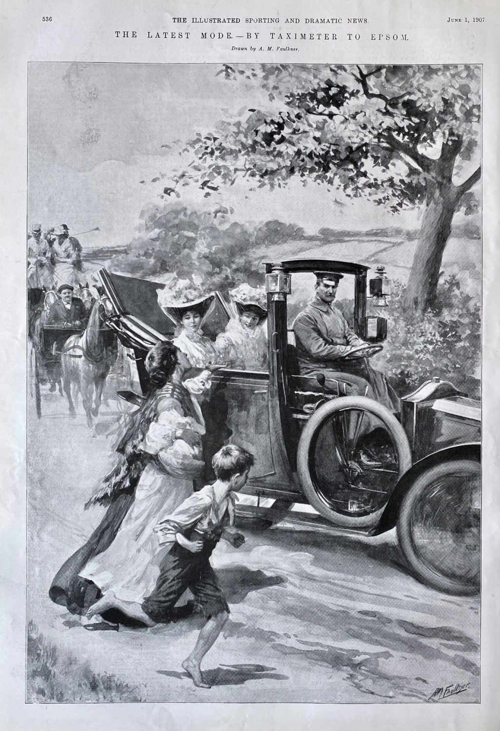 The Latest Mode.  - By Taximeter  to London.  1907