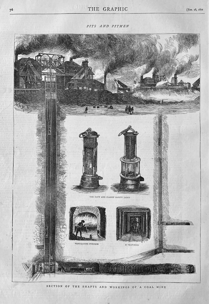 Pits and Pitmen, ;  section of the Shafts and workings of a Coal Mine.  1871.