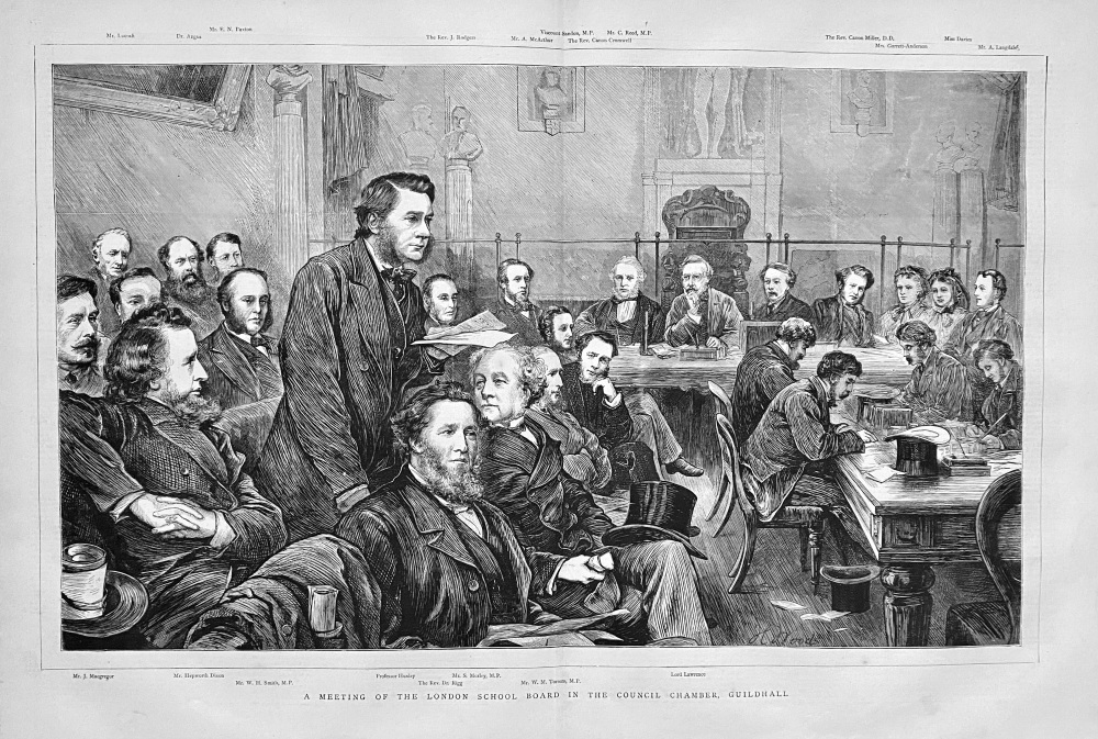 A Meeting of the London School Board in the Council Chamber, Guildhall.  1871.
