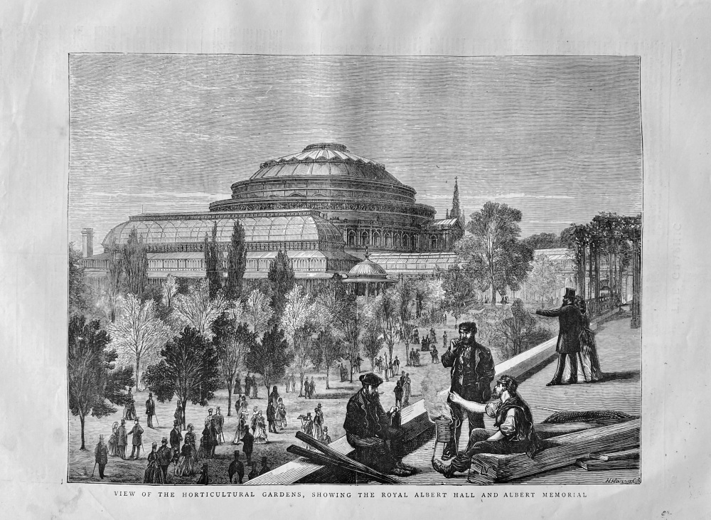 View of the Horticultural Gardens, showing the Royal Albert Hall and Albert Memorial.  1871.