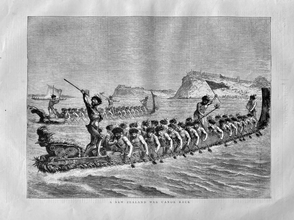 A New Zealand War Canoe Race.  1871.