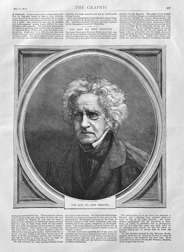The Late Sir John Herschel.  (Scientist).  1871.