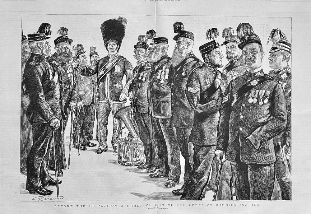 Before the Inspection - A Group of Men of the Corps of Commissionaires.  1887.