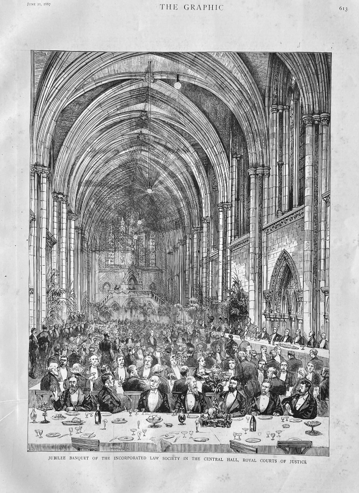 Jubilee Banquet of the Incorporated Law Society in the Central Hall, Royal Courts of Justice.  1887.