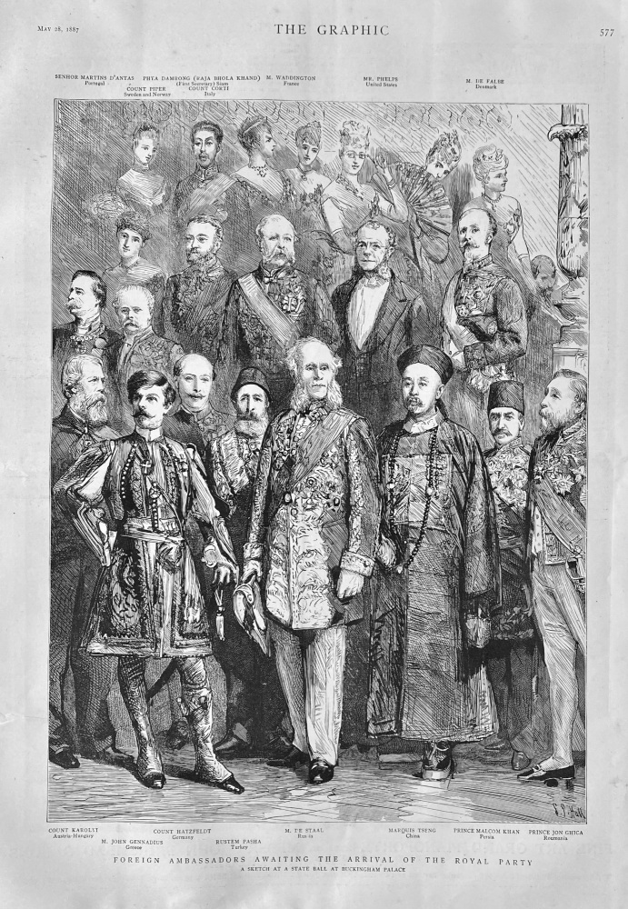 Foreign Ambassadors awaiting the Arrival of the Royal Party. (A Sketch at a State Ball at Buckingham Palace.)  1887.