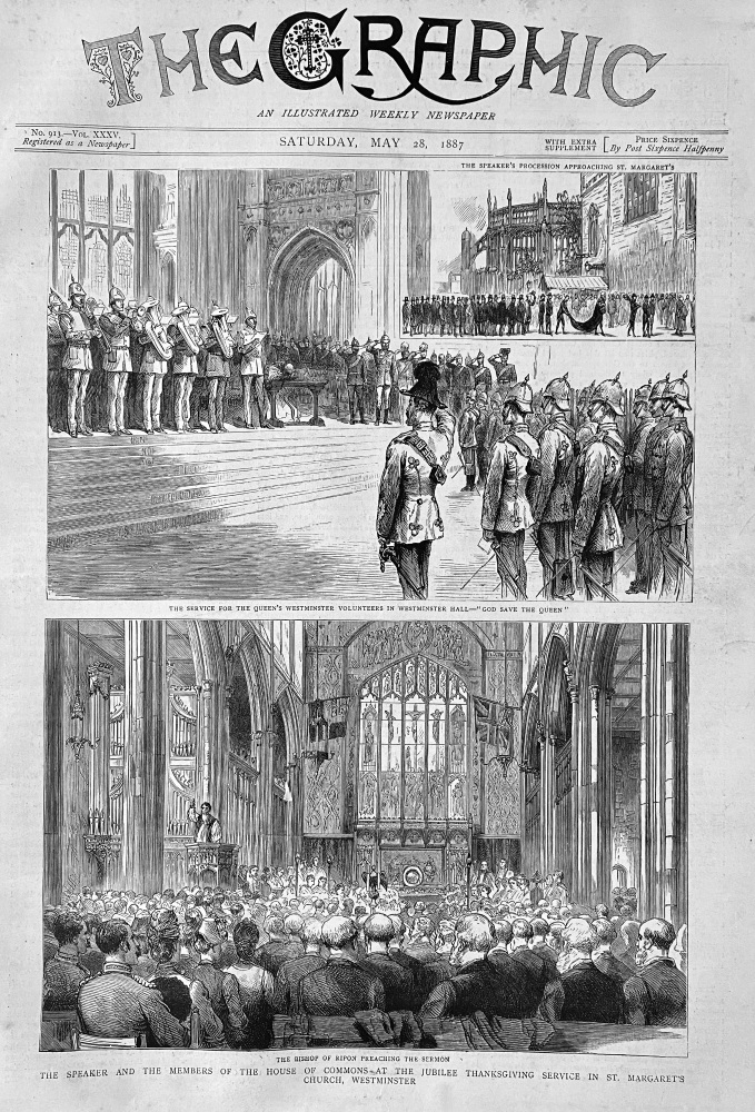 The Speaker and the Members of the House of Commons at the Jubilee Thanksgiving Service in St. Margaret's Church, Westminster.  1887.