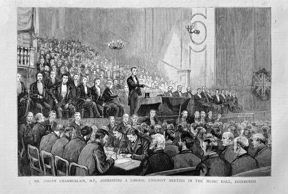 Mr. Joseph Chamberlain, M.P. Addressing a Liberal Unionist Meeting in the Music Hall, Edinburgh.  1887.