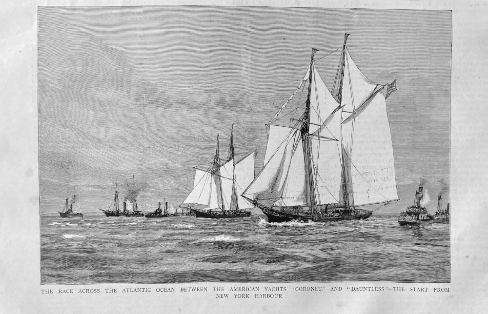 The Race across the Atlantic Ocean between the American Yachts "Coronet" and "Dauntless"- The Start from New York Harbour. 1887.