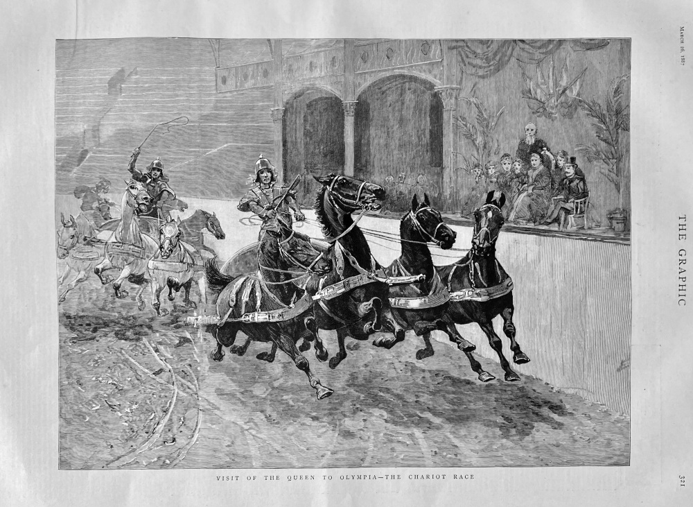 Visit of the Queen to Olympia - The Chariot Race.  1887.