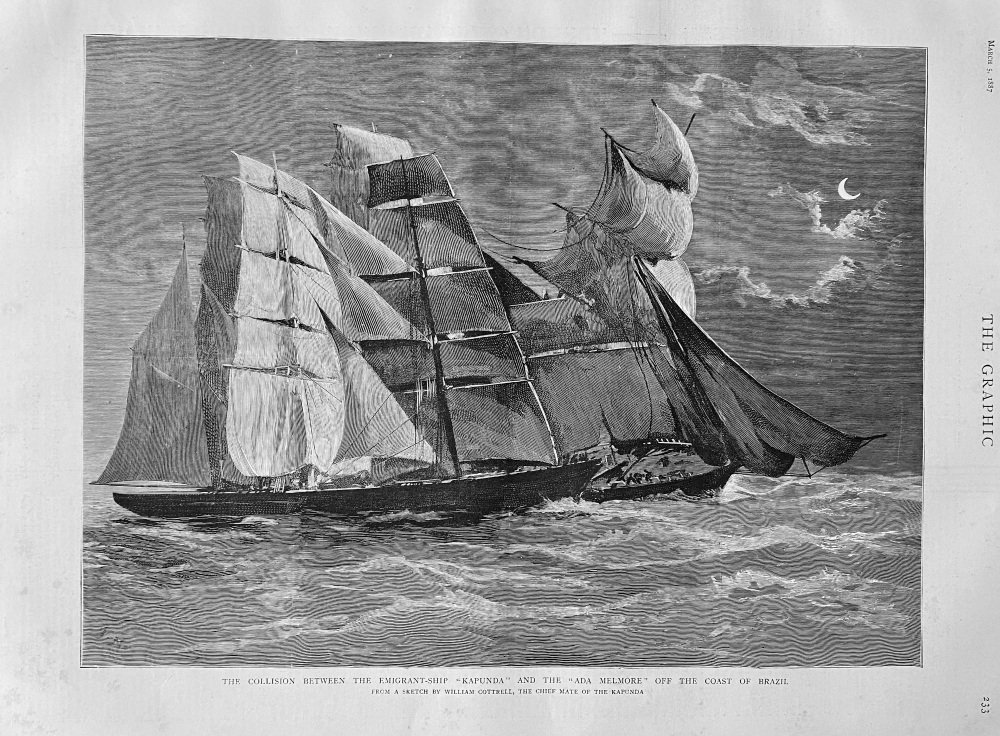 The Collision between the Emigrant-Ship "Kapunda"  and the "Ada Melmore" off the Coast of Brazil.  1887.