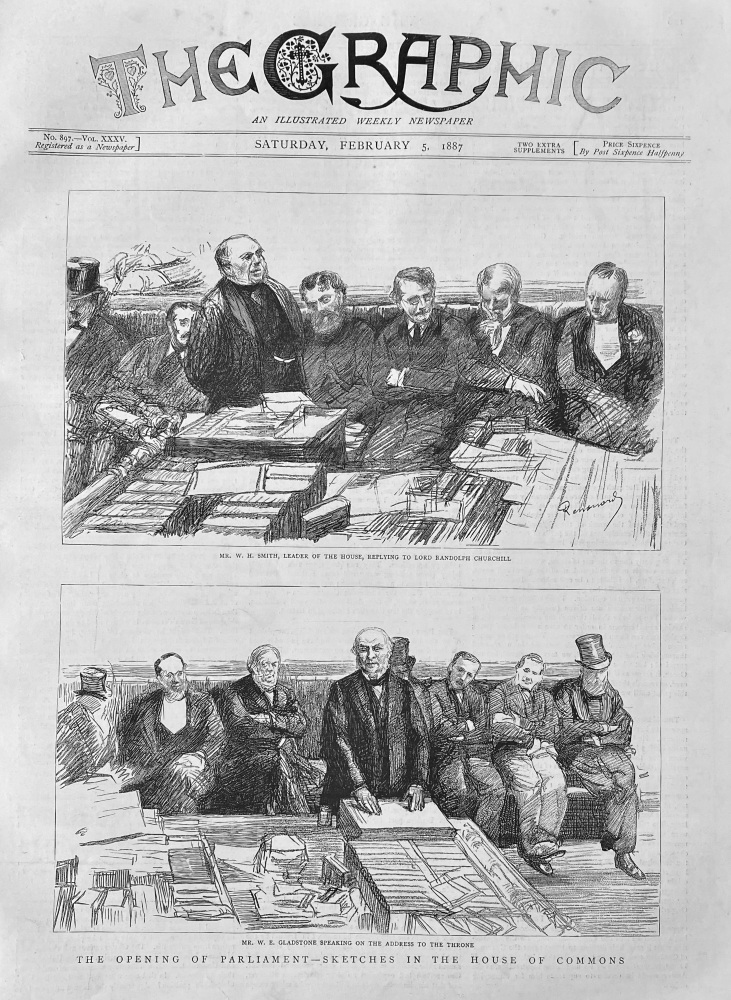 The Opening of Parliament - Sketches in the House of Commons.  1887.