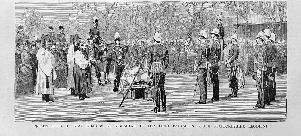 Presentation of New Colours at Gibraltar to the First Battalion South Staffordshire Regiment.  1887.
