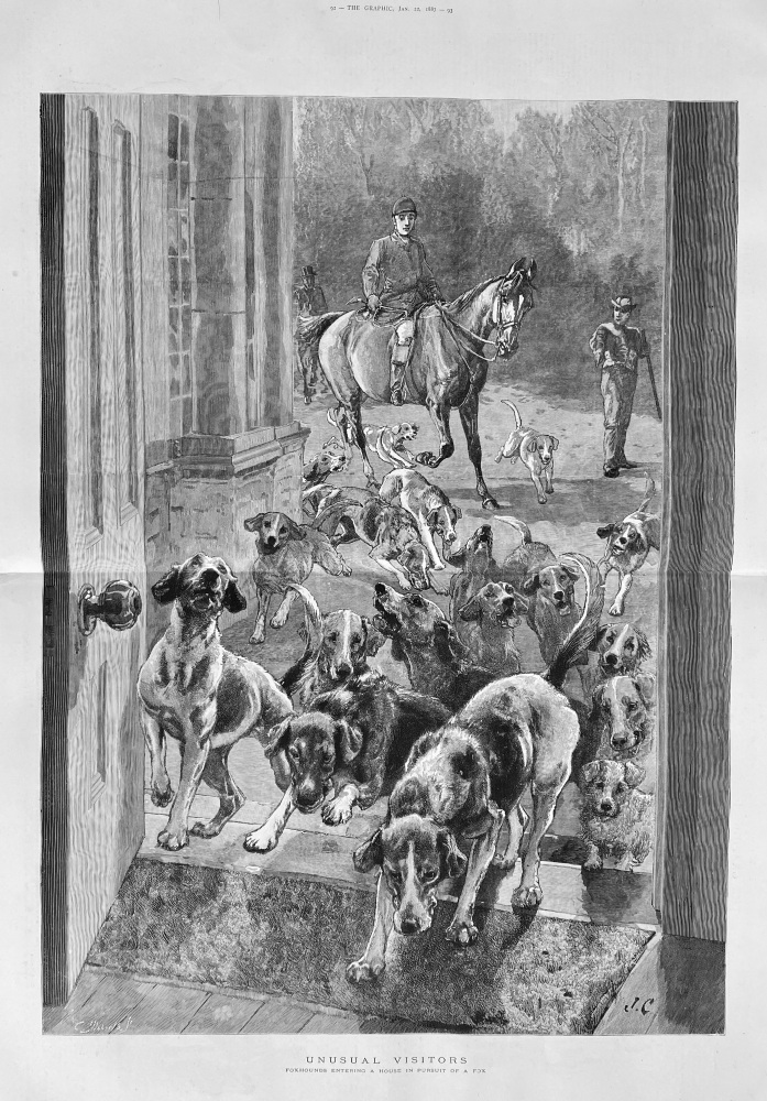 Unusual Visitor : Foxhounds Entering a House in Pursuit of a Fox.  1887.