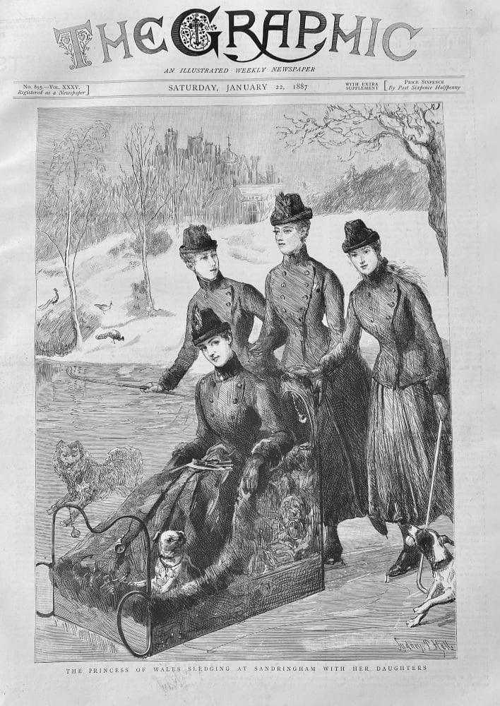 The Princess of Wales Sledging at Sandringham with Her Daughters.  1887.