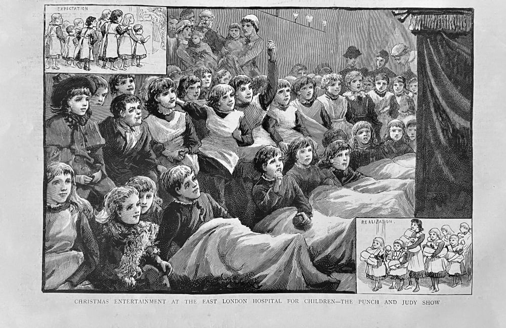 Christmas Entertainment at the East London Hospital for Children - Punch and Judy Show. 1887.