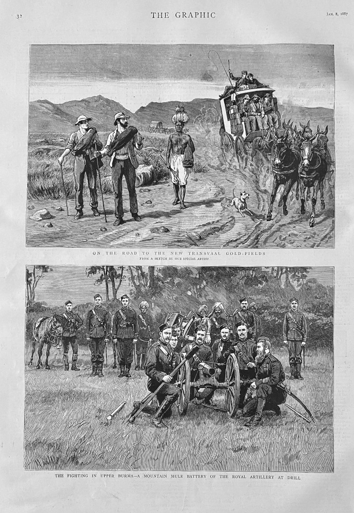 The Fighting in Upper Burma - A Mountain Mule Battery of the Royal Artillery at Drill.  1887.