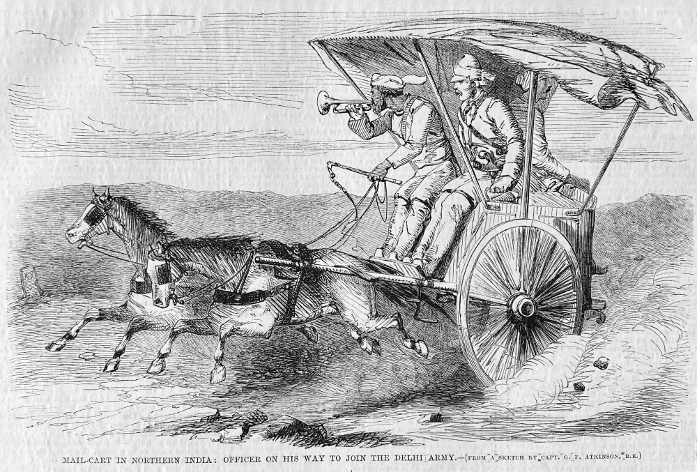 Mail-Cart in Northern India.:  Officer on his way to join the Delhi Army.  1857